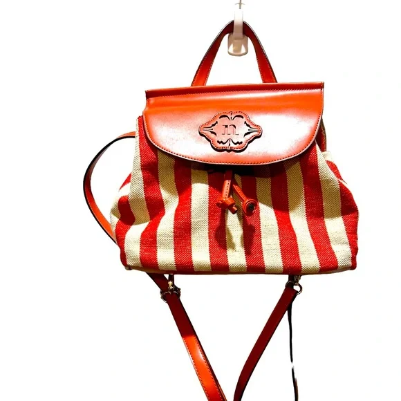 Nanette Lepore Linen Vegan Leather Backpack Red White Classic Preppy Academia - Picture 1 of 6